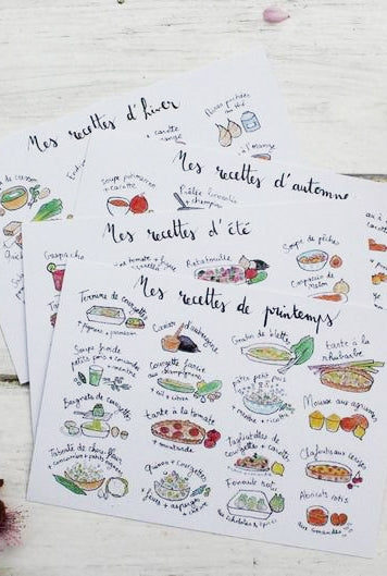4 Cartes illustrées - idées recettes végétariennes de saison