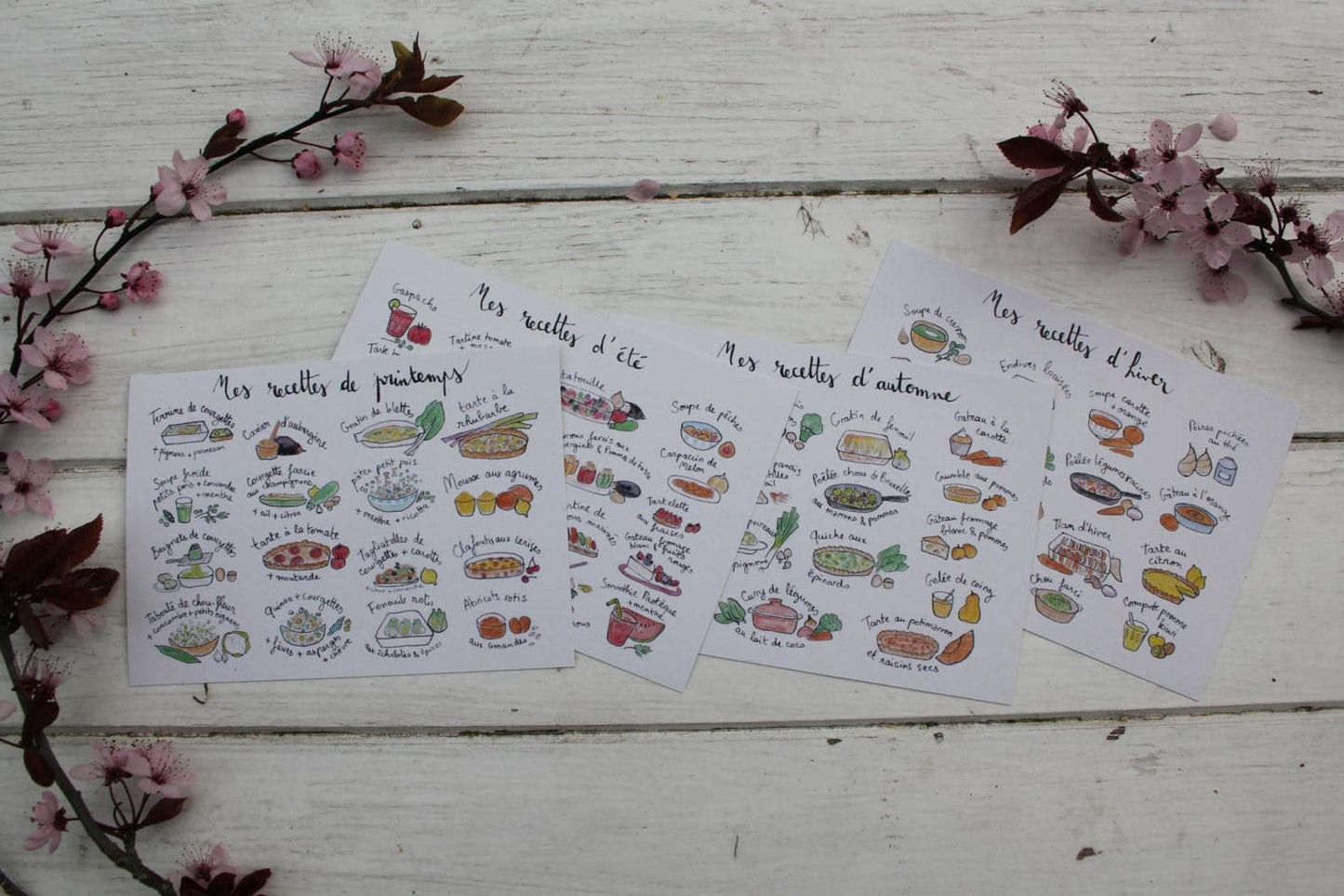4 Cartes illustrées - idées recettes végétariennes de saison