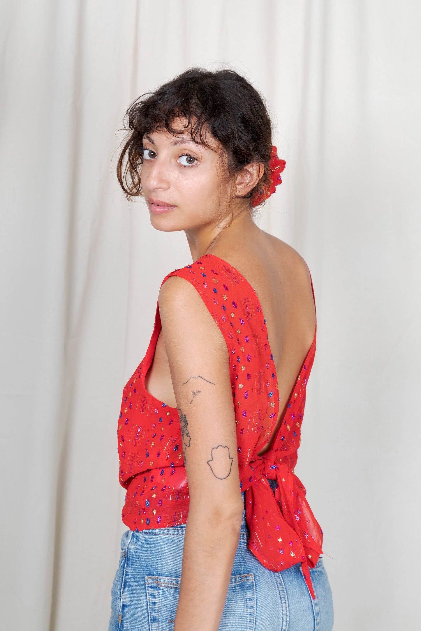 Top en soie dos nu Chioma rouge lurex