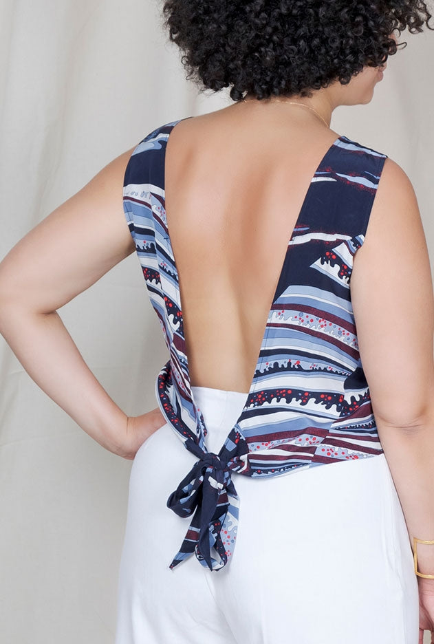 Top en soie dos nu Chioma wave bleu