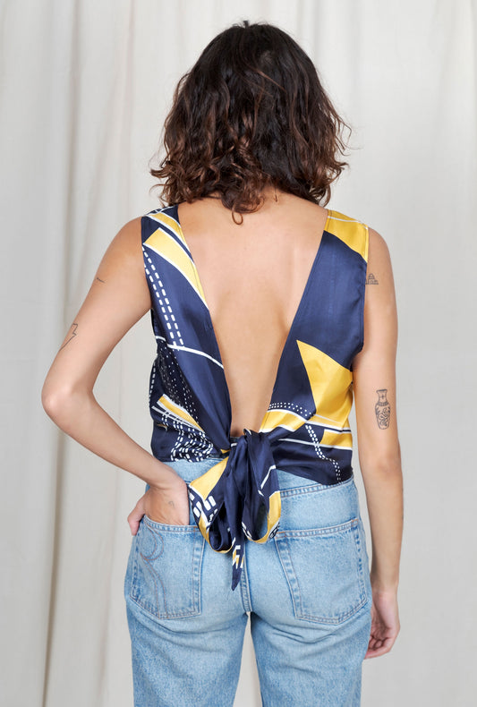Top en soie dos nu Chioma navy & jaune