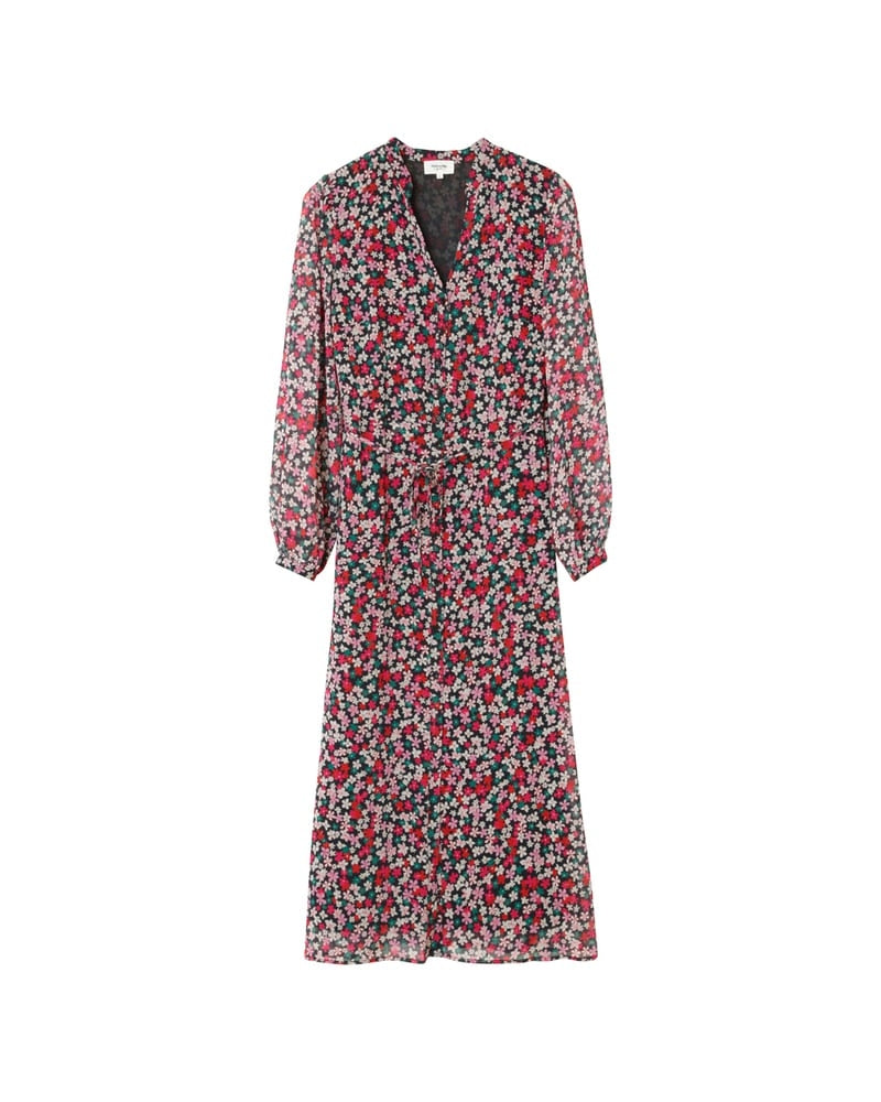 Robe midi imprimée fleurie boutonnée Dione Noir