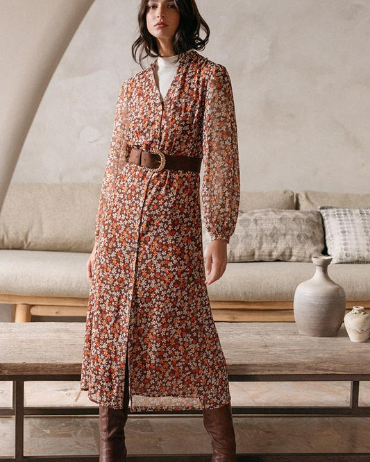 Robe midi imprimée fleurie boutonnée Dione Chocolat