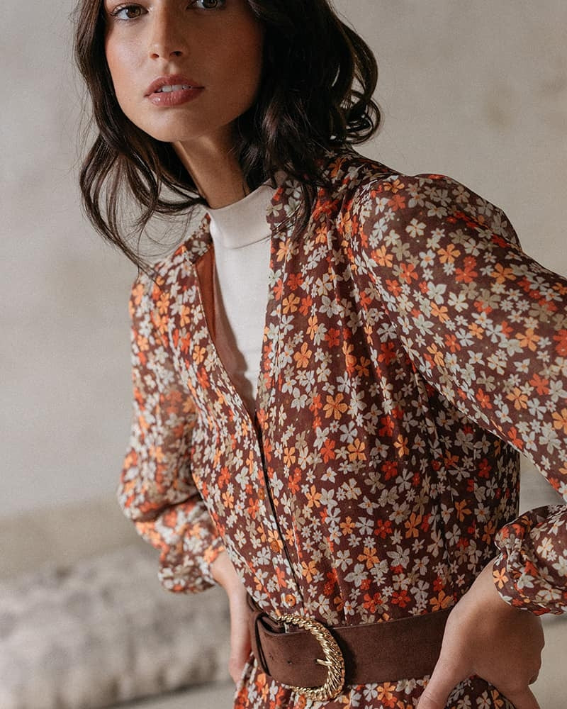 Robe midi imprimée fleurie boutonnée Dione Chocolat