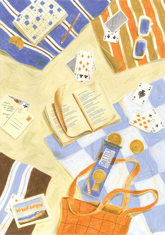 Illustration du puzzle Du sable entre les pages avec livre, serviette, sable et accessoires de plage