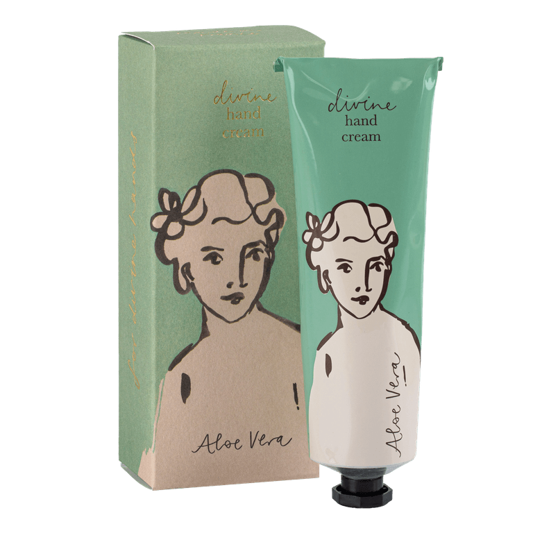 tube vert illustré d’une femme divine, soin hydratant apaisant à l’aloe vera, 75 ml.