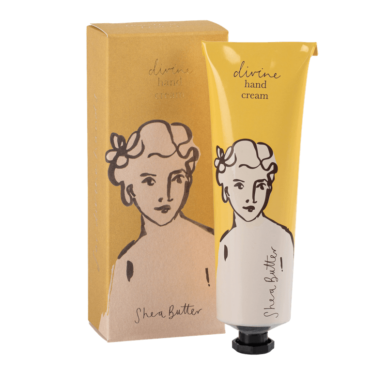 tube jaune illustré d’une femme divine, soin nourrissant au beurre de karité, 75 ml.