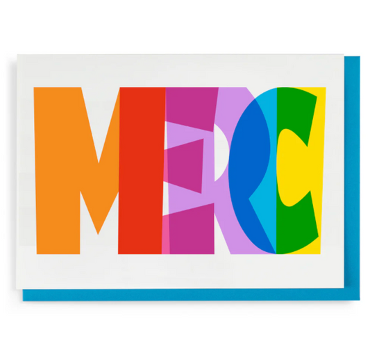 Carte de remerciement Merci d’Archivist Gallery, illustration letterpress de lettres majuscules multicolores (M:orange, E: rouge, R: violet , C: bleu, I: jaune) sur fond blanc, style graphique élégant, papier recyclé avec enveloppe blanche compostable, intérieur vierge pour écrire un message personnalisé.