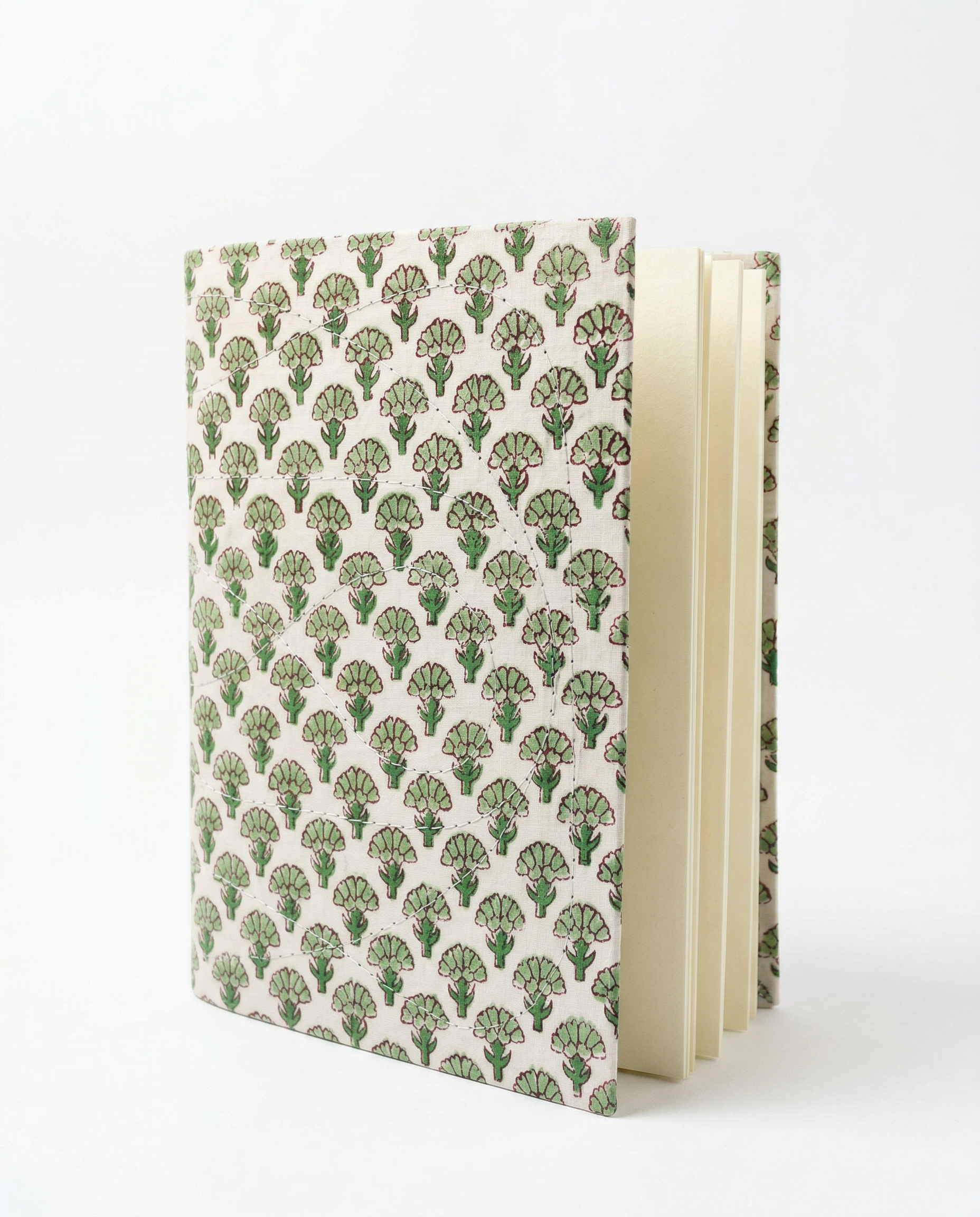 Carnet Indira A5 motif floral vert Fleur de Coton imprimé block print, Carnet 48 pages blanches avec couverture rigide surpiquée - Mamamushi