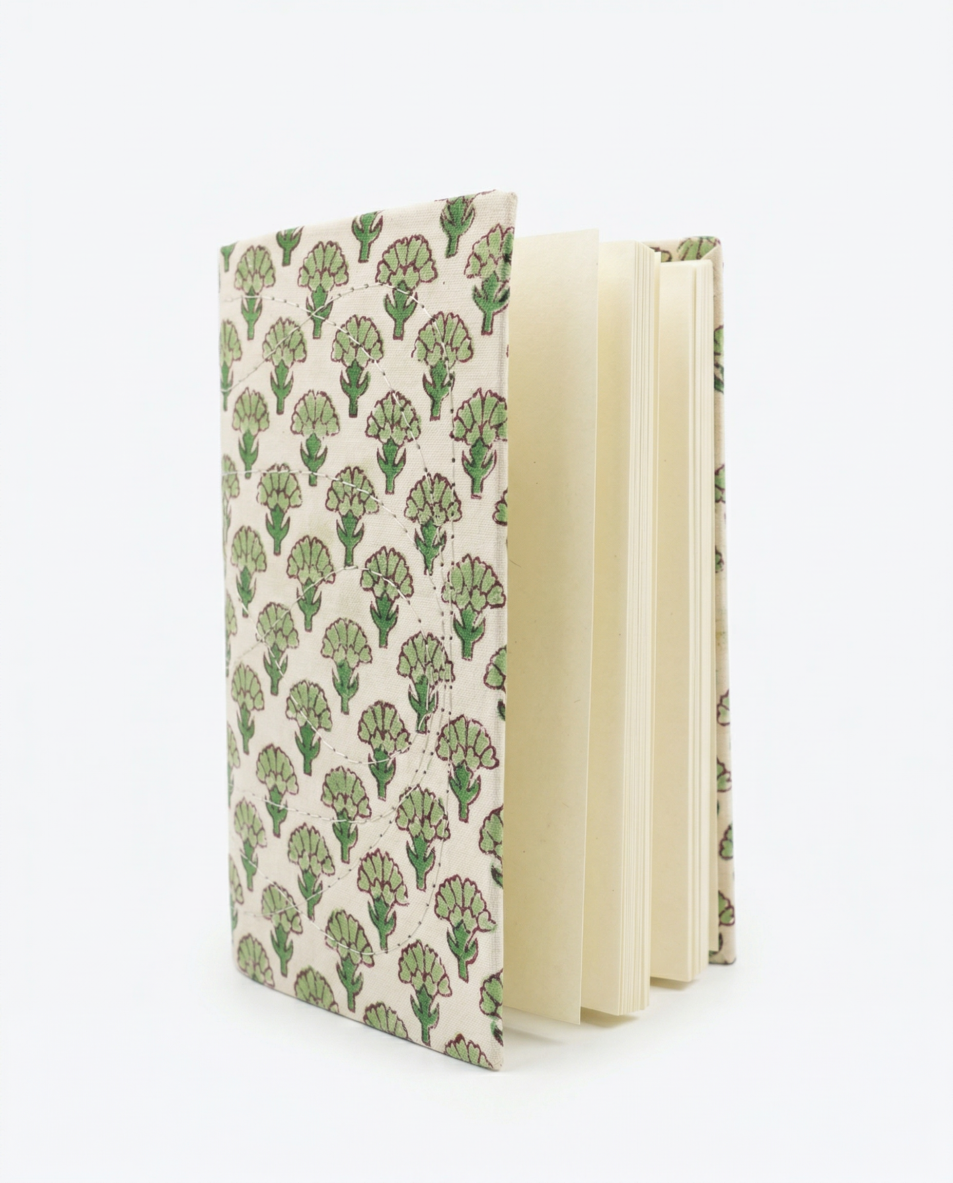 Carnet Indira A6 motif floral vert Fleur de Coton imprimé block print, Carnet 48 pages blanches avec couverture rigide surpiquée - Mamamushi