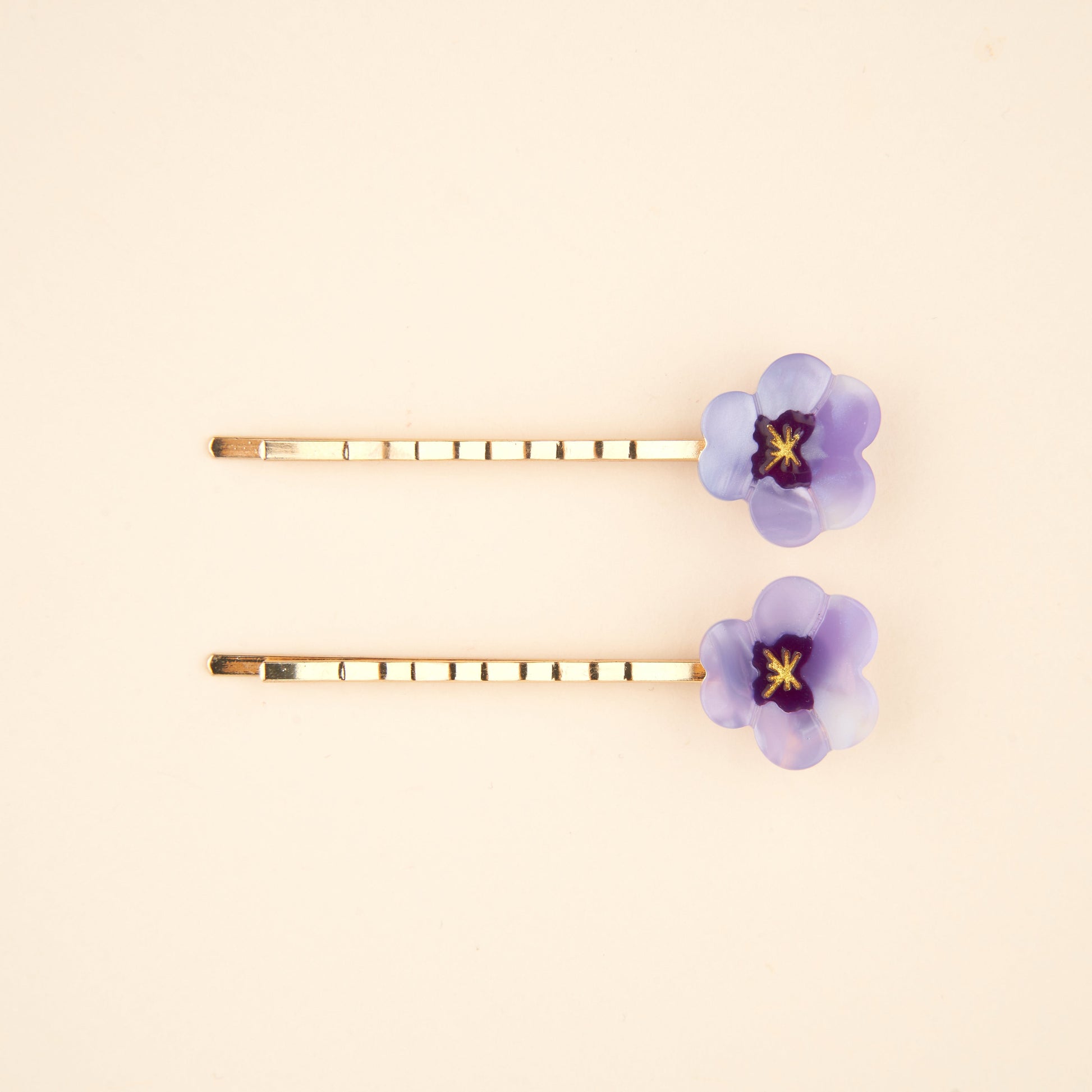 Duo de barrettes fines Pensées Coucou Suzette porté