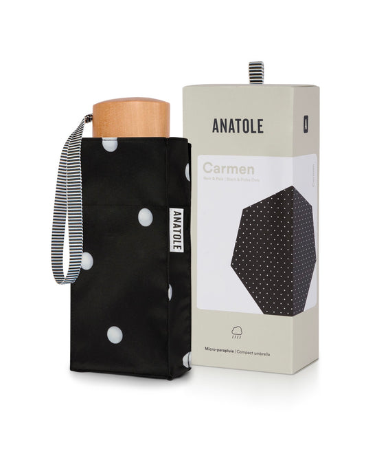 Mini parapluie noir à pois blancs Carmen Anatole avec étui