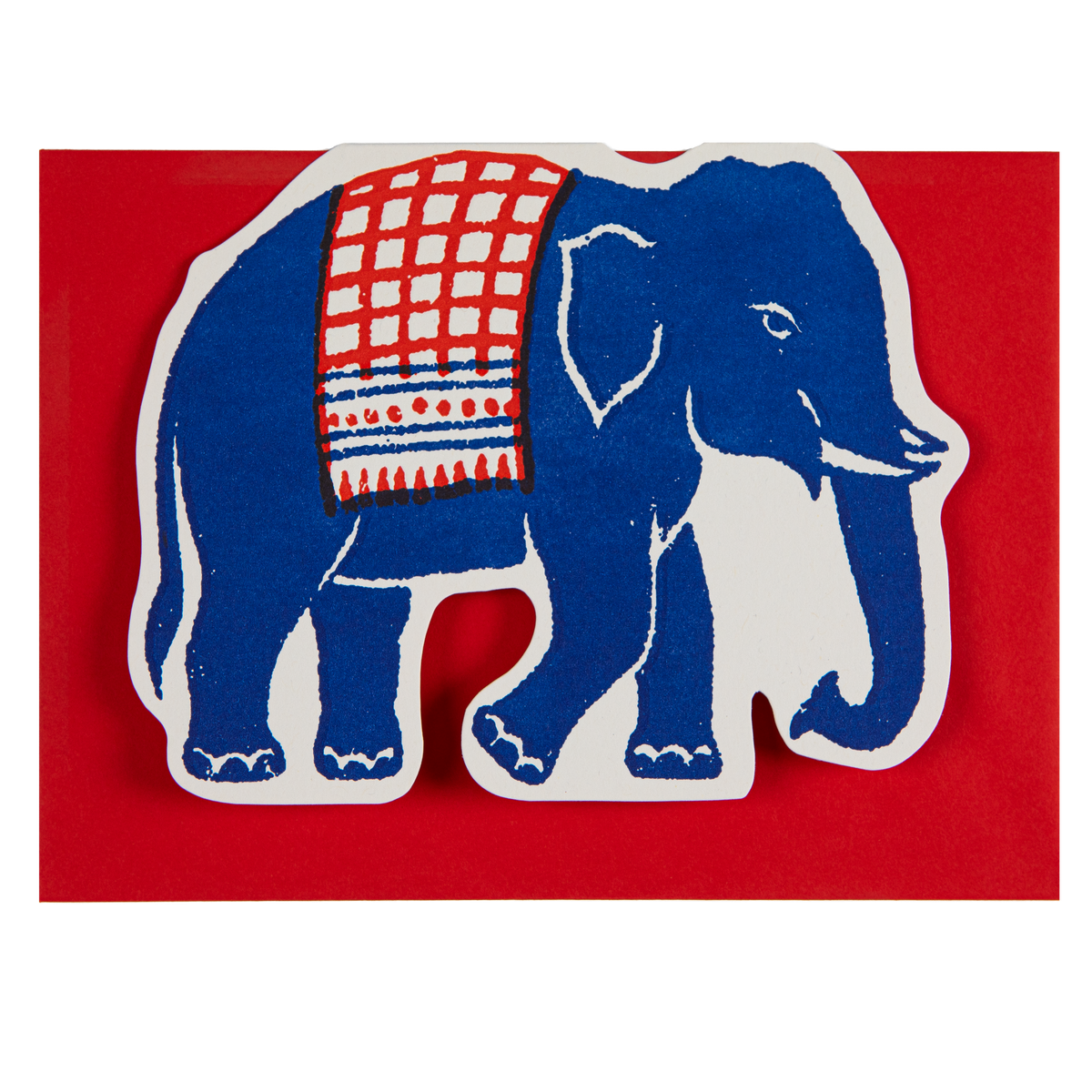 Carte découpée Elephant bleue Archivist Gallery, vue rapprochée sur fond rouge