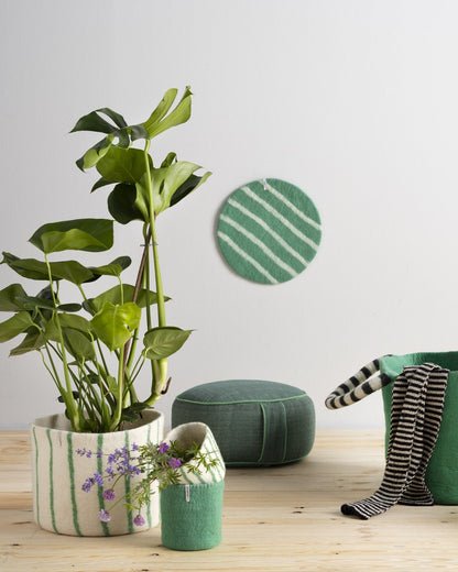 Cache-pot Aveva à rayures vertes avec une plante dans un intérieur