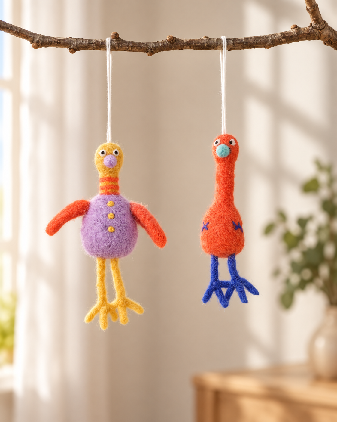 Deux oiseaux Funky Birds S Aveva en laine suspendus à une branche, mise en situation reconstituée par IA