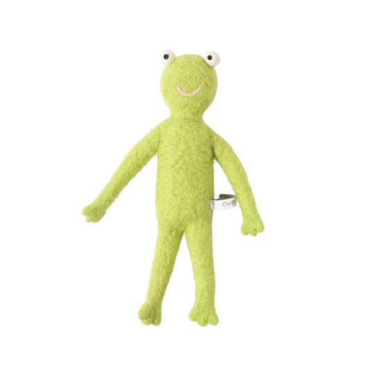 Froggy la grenouille Aveva en laine feutrée verte sur fond blanc