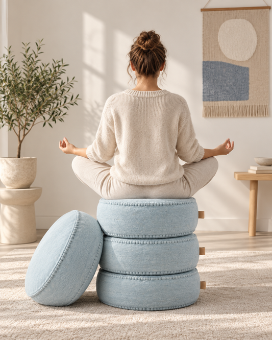 Poufs Floor Dot bleu arctique Aveva en laine dans un salon, mise en situation reconstituée
