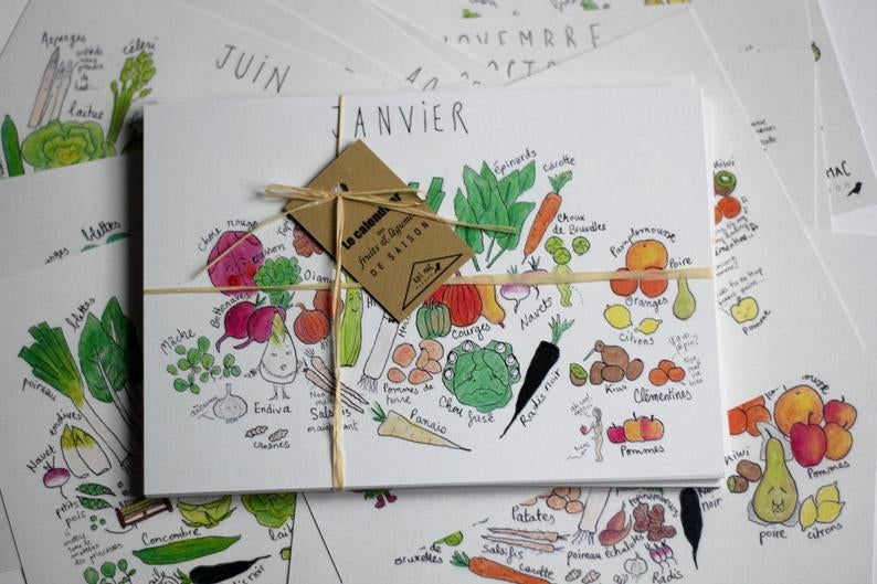 Calendrier Ellimac Pinson emballé devant plusieurs cartes mensuelles illustrées
