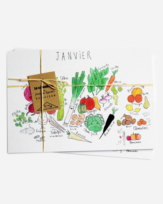 Calendrier fruits et légumes A6 Ellimac Pinson présenté avec sa ficelle et son étiquette