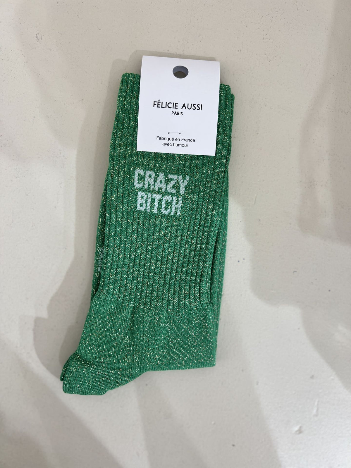 Chaussettes Crazy Bitch paillettes vert 36/40 Félicie Aussi avec étiquette