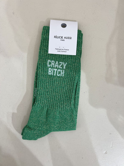 Chaussettes Crazy Bitch paillettes vert 36/40 Félicie Aussi avec étiquette