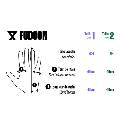 Guide officiel des tailles des moufles Fudoon : XS/S et M/L