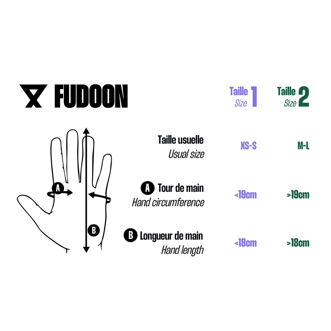 Guide officiel des tailles des moufles Fudoon : XS/S et M/L