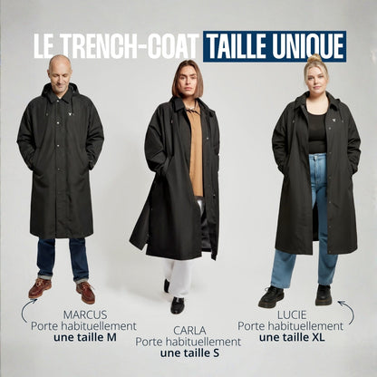 Trench Fudoon noir taille unique porté par trois personnes de tailles différentes