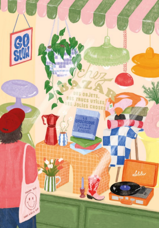 Illustration du mini puzzle Le lèche vitrine avec boutique et vitrine colorée