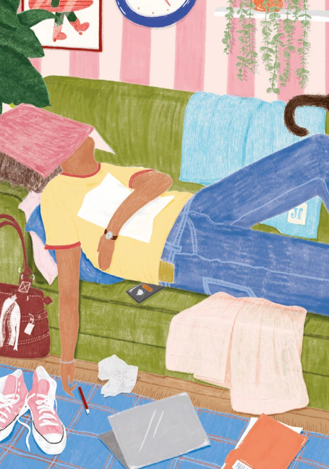 Illustration La petite sieste Jour Férié : personne allongée sur un canapé vert
