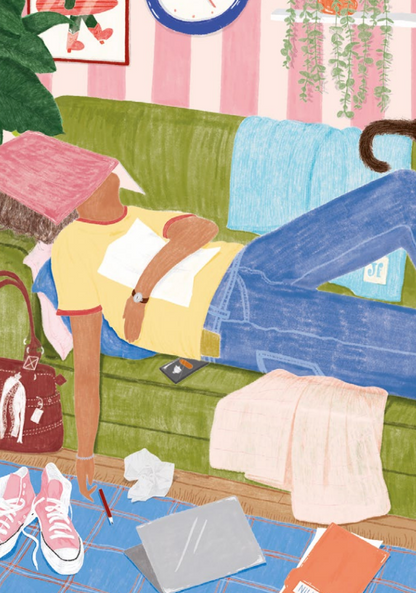 Illustration La petite sieste Jour Férié : personne allongée sur un canapé vert
