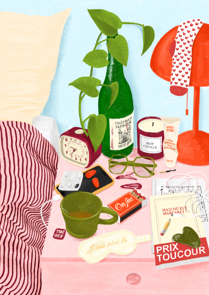 Illustration La table de chevet Jour Férié : plante, lampe rouge, réveil et livres