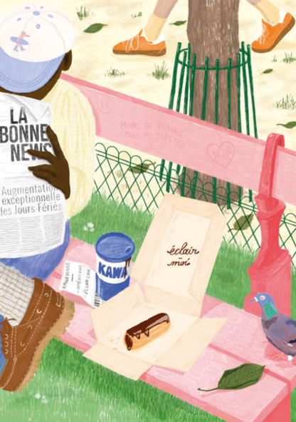 Illustration La touche sucrée Jour Férié : éclair au chocolat et café sur un banc rose