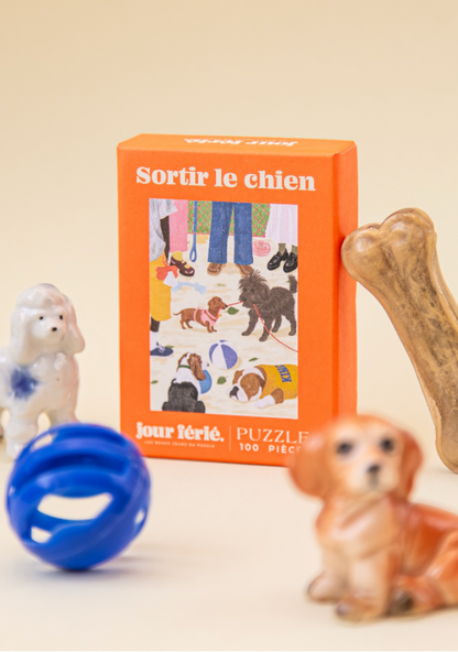 Boîte Sortir le chien Jour Férié entourée de figurines de chiens et d’une laisse