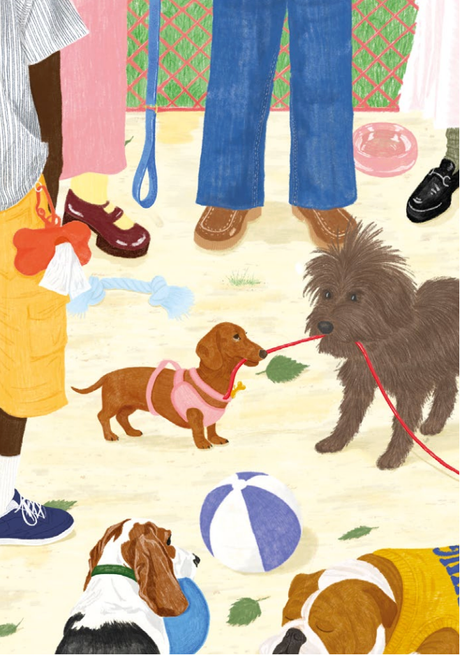Illustration Sortir le chien Jour Férié : chiens en promenade et laisses colorées