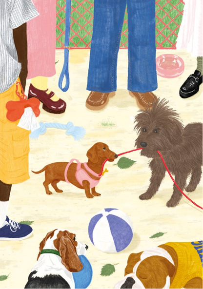 Illustration Sortir le chien Jour Férié : chiens en promenade et laisses colorées