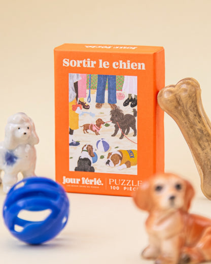 Boîte du mini puzzle Sortir le chien 100 pièces Jour Férié, vue principale