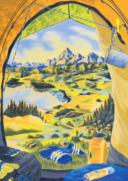 Illustration du puzzle Chambre avec vue avec tente, sac à dos et paysage de montagne