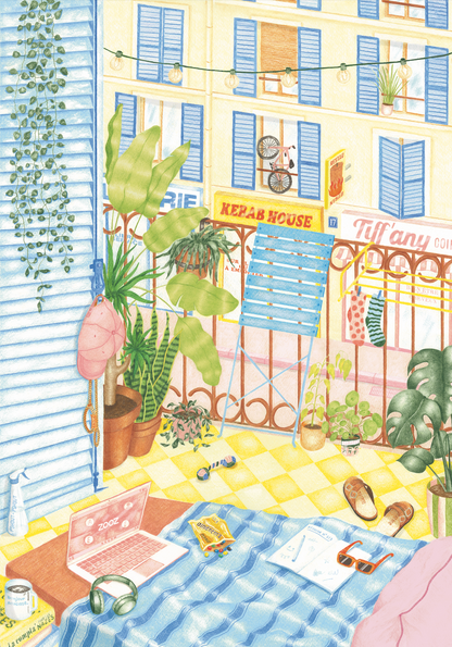 Illustration du puzzle La classe verte avec bureau de télétravail, fenêtre et animal de compagnie
