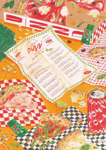 Illustration du puzzle La pizza à emporter avec boîtes de pizza, sauce piquante et mozzarella