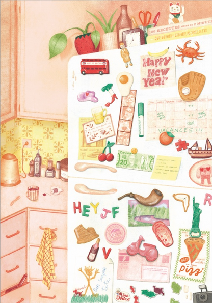 Illustration du puzzle La porte de frigo avec magnets, liste de courses et photos