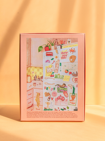 Boîte et pièces du puzzle La porte de frigo 1000 pièces