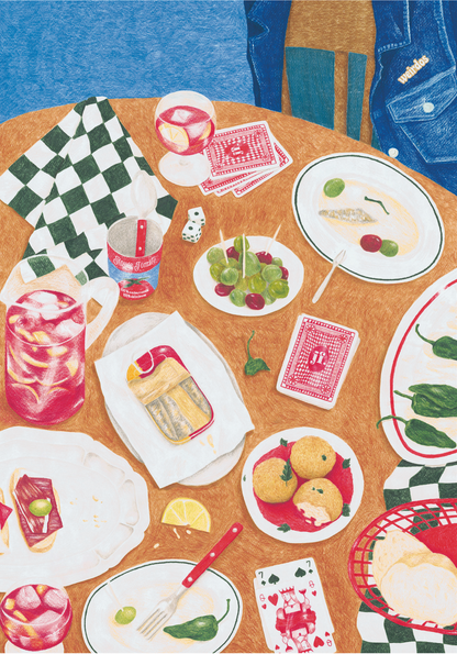 Illustration du puzzle Les tapas avec table de tapas, olives, pain, sangria et cartes à jouer