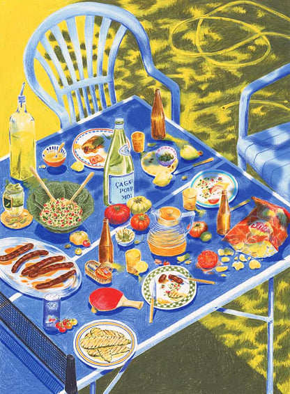 Illustration du puzzle Manger dehors avec table de jardin, barbecue, tomates et pique-nique
