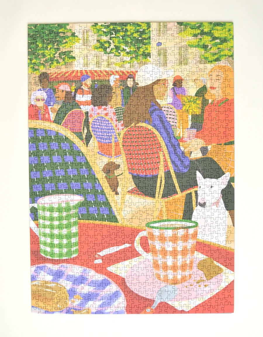 Illustration du puzzle Regarder les gens avec terrasse, passants, café et chien
