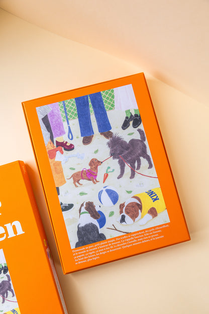 Boîte et pièces du puzzle Sortir le chien Jour Férié