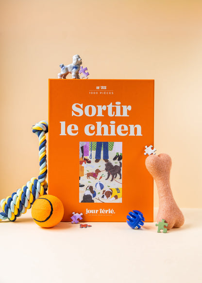 Boîte orange du puzzle Sortir le chien de Jour Férié avec jouets pour chien