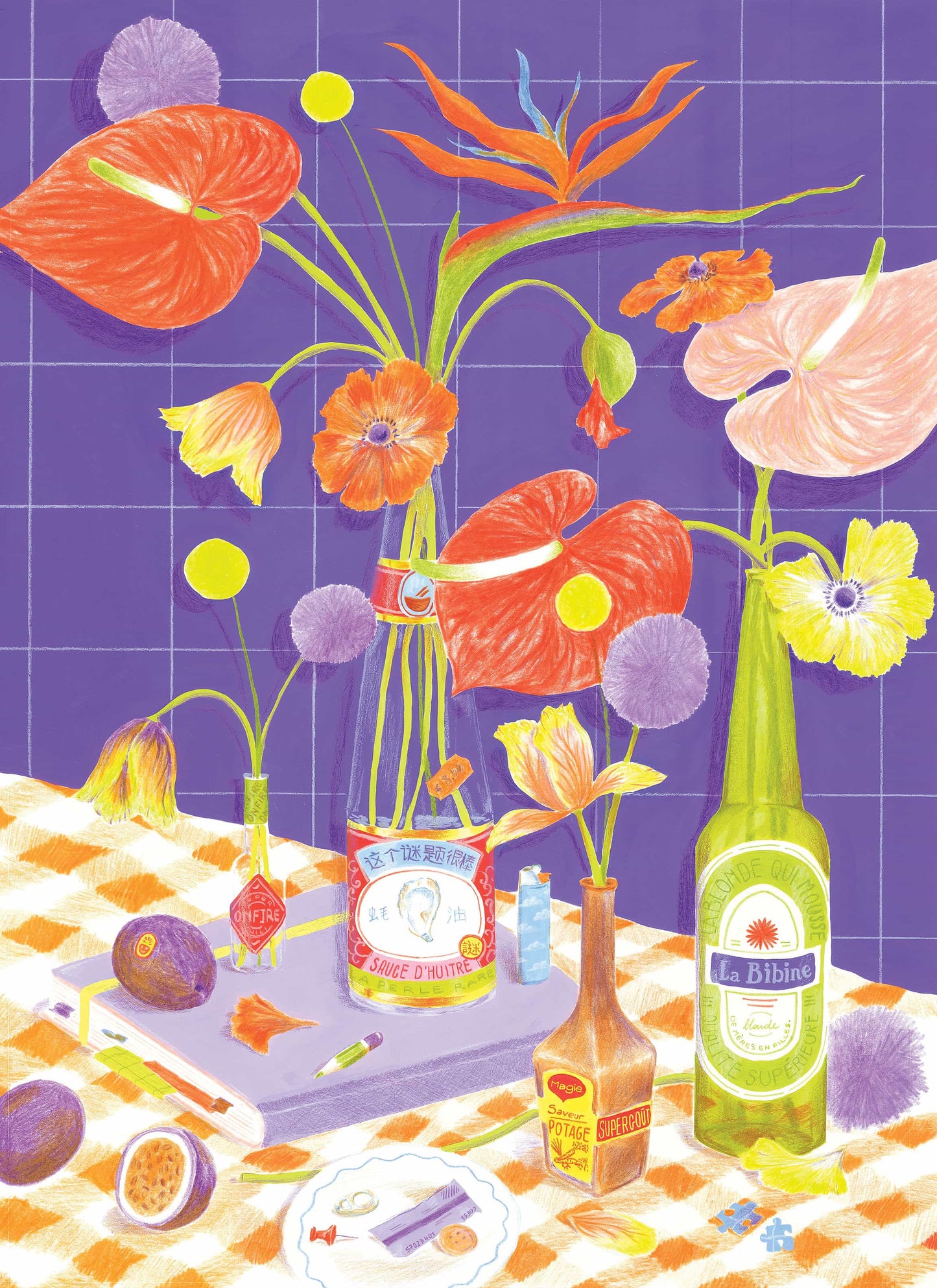 Illustration du puzzle Des fleurs sur la table avec bouquet, bouteilles recyclées et fleurs colorées