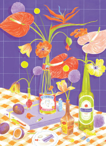 Illustration du puzzle Des fleurs sur la table avec bouquet, bouteilles recyclées et fleurs colorées