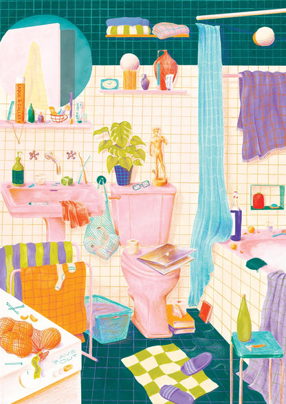 Illustration du puzzle La soirée mousse avec bain moussant, livre et salle de bains